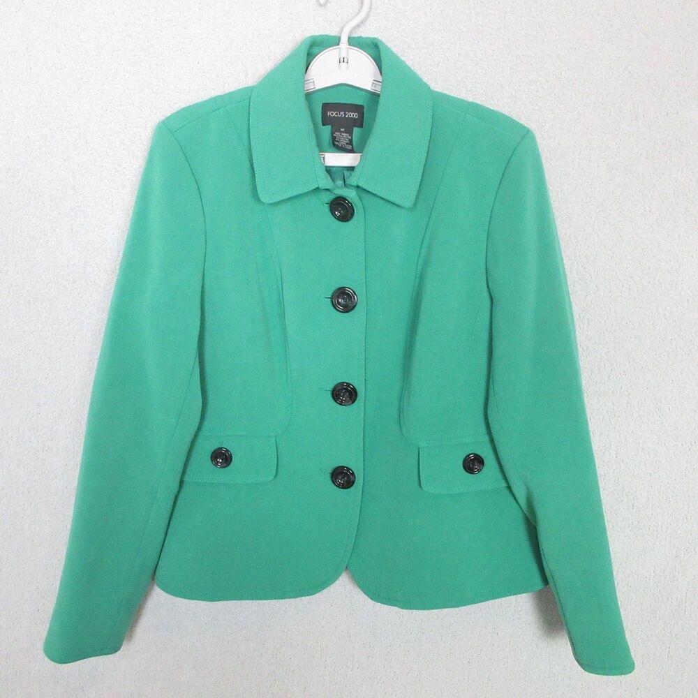 Focus 2000 Jacket Womens 14P Green Tailored Button‎ Front Lined Cropped Blazer